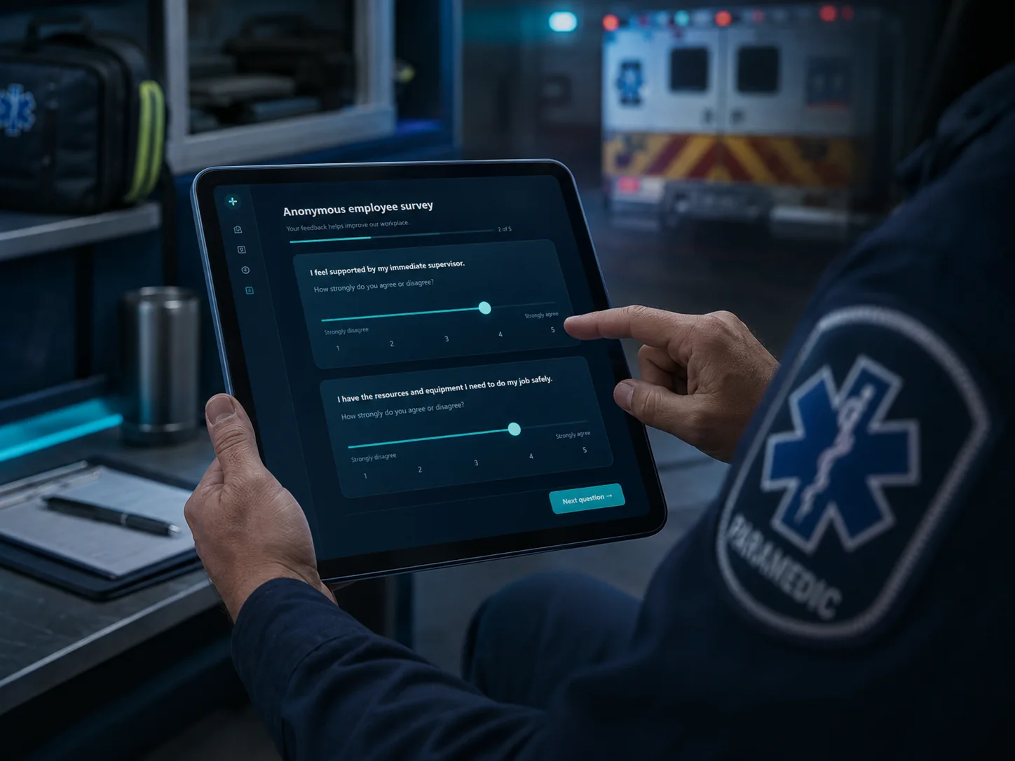 EMS professional completing an anonymous employee survey on a tablet